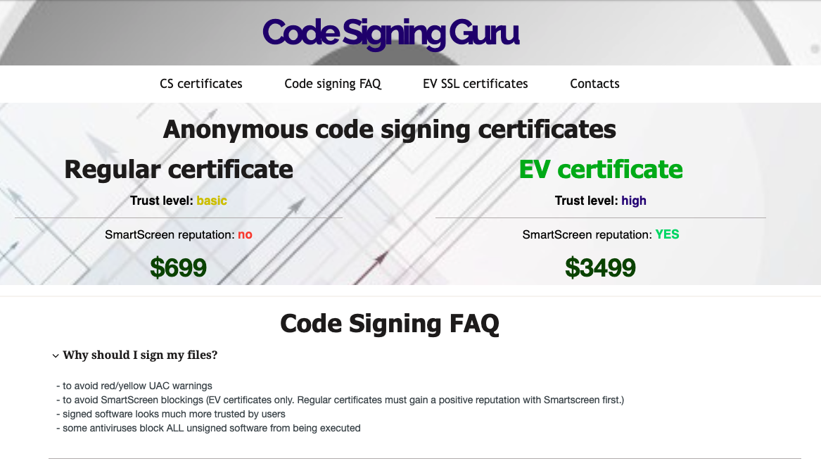 Image of an advertisement for the sale of code-signing certificates